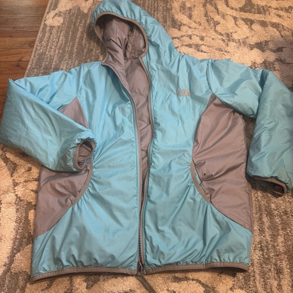 The‎ North Face GIRLS Reversible Fleece Lined Winter Jacket XL, Light Gray/Aqua